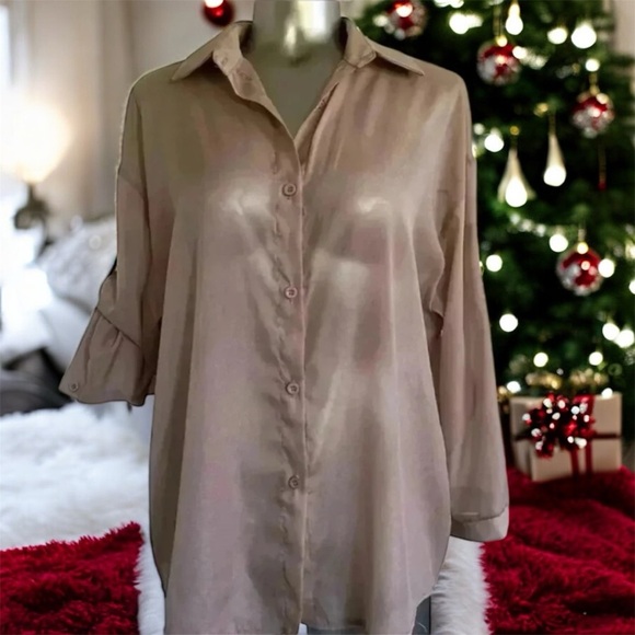 ✅Women’s Sheer  Nude Pink Oversized Blouse - Picture 1 of 15